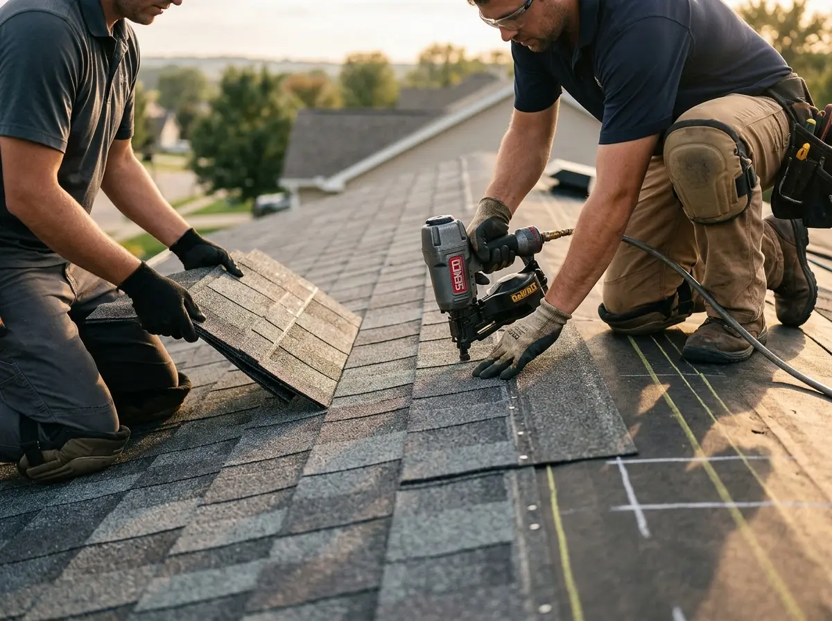 Professional roofer working on a residential roof in Steamboat Springs